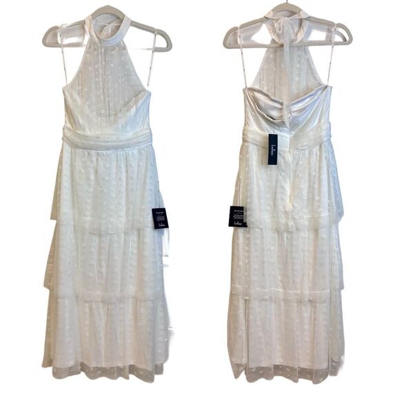 NWT Lulus Positively Precious White Floral Mesh Tiered Halter Midi Dress - Picture 2 of 8